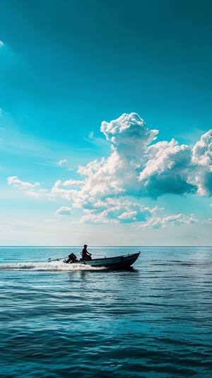 一半画面一个男人骑着摩托艇在海面，画面一半，天空蓝天白云