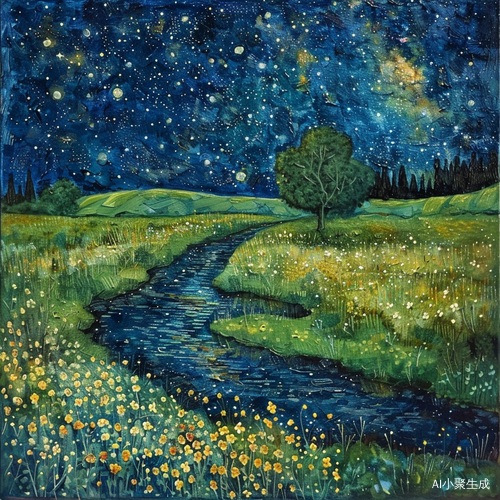 夜空繁星与开花油菜的美丽景色