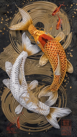 Chinese flat embroidery, flat decorative art, flat decorative painting, two gold and white carp, Chinese totem, smart, atmospheric,ray tracing, UHD, anatomically correct, ccurate, super detail, high details, best quality, award winning, 16k ar 3:4