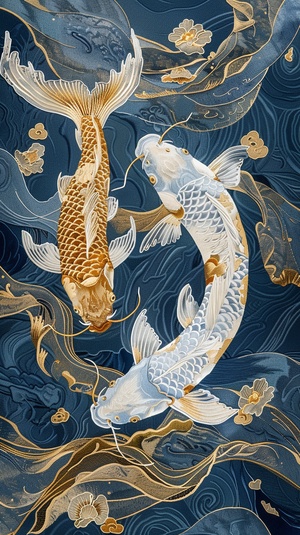 Chinese flat embroidery, flat decorative art, flat decorative painting, two gold and white carp, Chinese totem, smart, atmospheric,ray tracing, UHD, anatomically correct, ccurate, super detail, high details, best quality, award winning, 16k ar 3:4