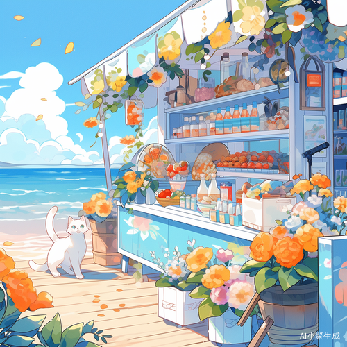 夏天海边便利店花猫咪阳光平静海面