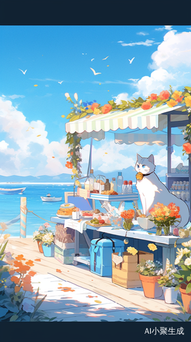 夏天海边的花、猫咪与阳光