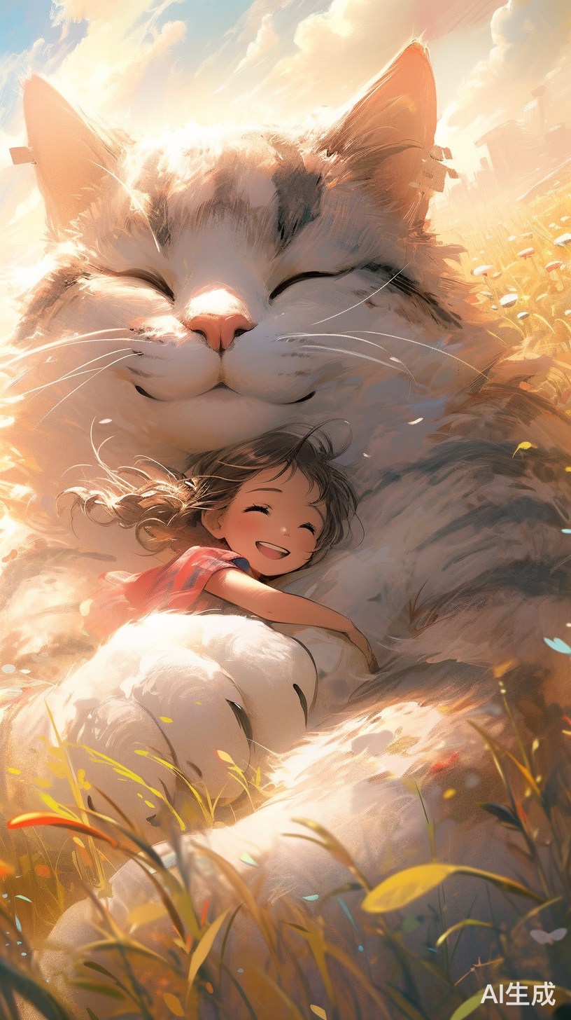 巨大猫与微笑小女孩的梦幻治愈场景