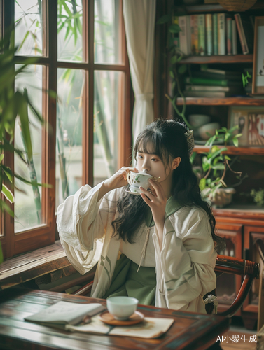 可爱中国女孩在竹林中喝茶的真实照片