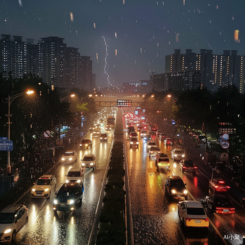 交通拥堵，车灯照亮雨中中国城市街道