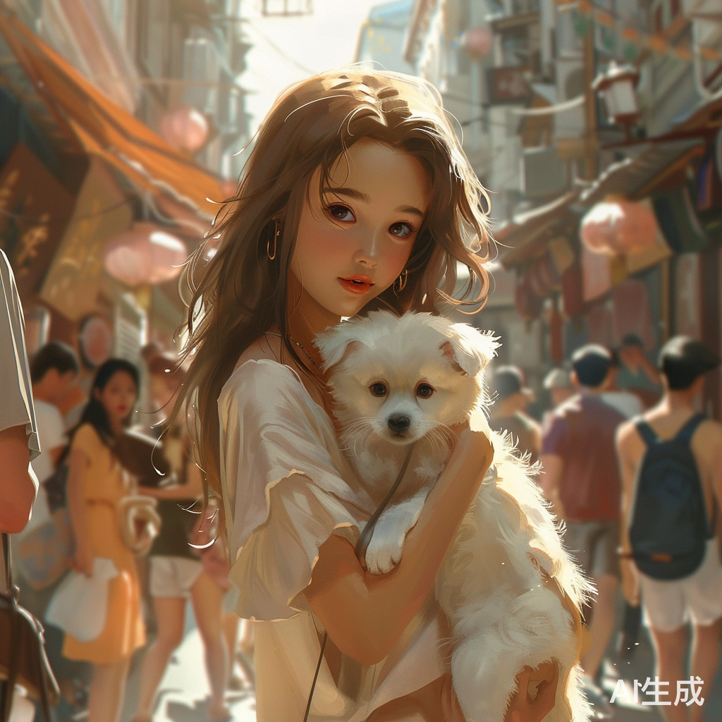 长发女孩抱着毛茸茸小白狗走过热闹街道
