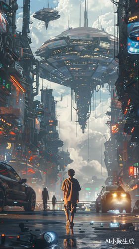 宇宙中的男孩在未来科技大街上