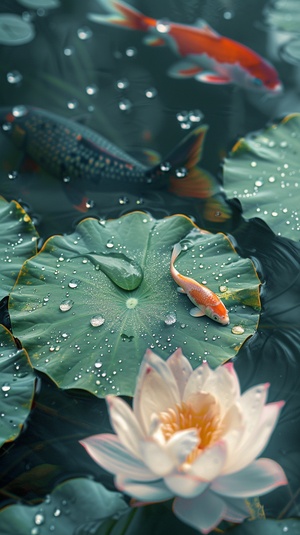 锦鲤荷叶露珠荷花湖水