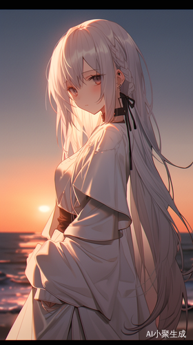 白发女孩在傍晚海滩上伸胳膊迎着夕阳