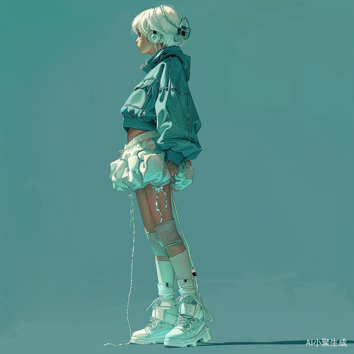 蓝绿色裙子的女孩白色丝袋高腰鞋白色短发