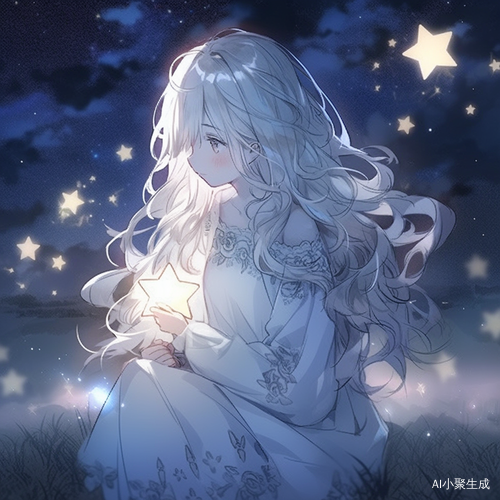 银发小女孩仰望星空下的美丽夜晚