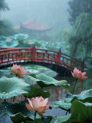 雨后的天气，（（几朵荷花开在荷塘里，两片荷叶随风飘扬））露珠，背景高斯模糊的江南有桥，高清，真实摄影