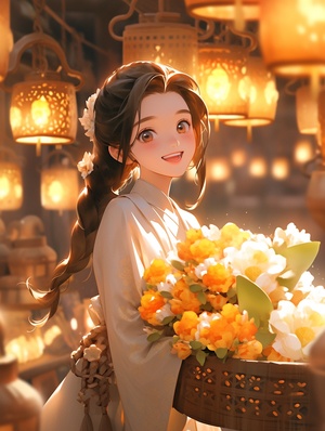 a girl holding a basket of flowers in front of lanterns, trending on cgstation, 中 元 节, animation film, animated movie, animated film, in style of disney animation, album art, animation style render, animation film still, animation character, beautiful character painting, 3 d animated movie, fanart, beautiful soft lighting, with frozen flowers around her