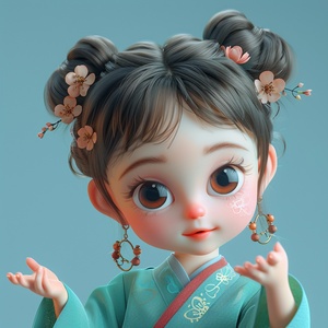 A super cute little girl with big eyes, small nose, red lips, round head, figure bangs, flower hair accessories, flower earrings, wearing light cyan Hanfu, super textured skin, stretching out her right hand to make a V gesture, Light cyan simple background, soft lines, Disney style, 3d rendering, panorama, distant view niji 6 ar 3:4