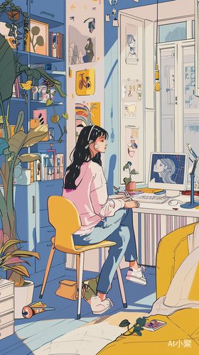 A scene in the style of ligne claire, The main color isblue and white, Home environment, There is a cosy bedinside the bedroom, White desk, Yellow sofa, Abeautiful girl, Wearing pink pajamas, The charactersstand out, line work, concise and vibrant color, cartoonillustration, detailed