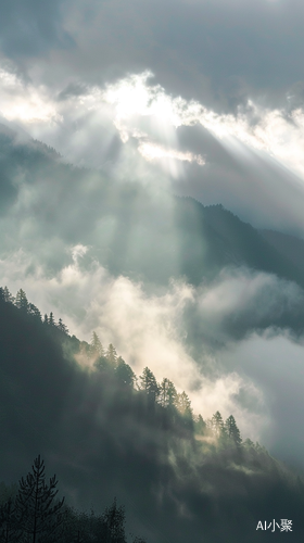 新雨后的山景，阳光透过云层，山间雾气，