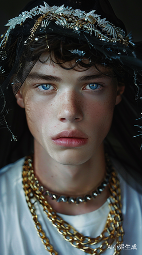 A fashion magazine photo of a young man with blue eyes and dark hair wearing a white shirt, gold chain necklaces, a black veil on his head and a crown made out of silver nails, in the style of JeanPaul Goude, featuring an arched garland, photographed in the style of epic portraiture using natural light, cover photography,