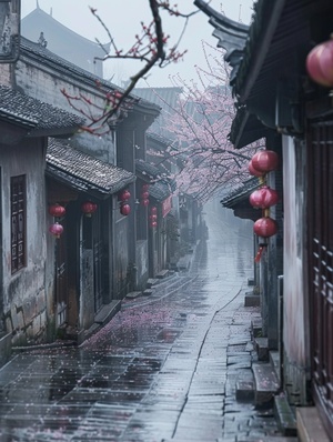 烟雨中的江南小巷，开满桃花的小路