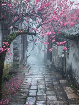 烟雨中的江南小巷，开满桃花的小路