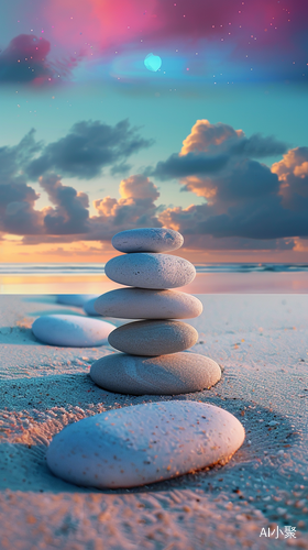 In the colorful sky, in the evening, on the white sand beach, there are three egg transparent pebbles stacked vertically, a long transparent white egg pebble stone path, a telephoto lens, glowing creatures, flower style, 8k high-definition,ureal