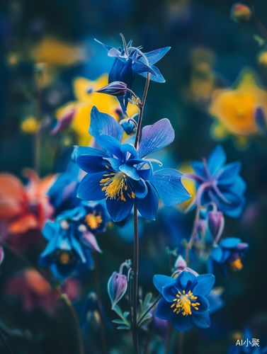 A photo of an indigo colored aquilegia flower, with other flowers in the background, taken in the style of Canon EOS R5.