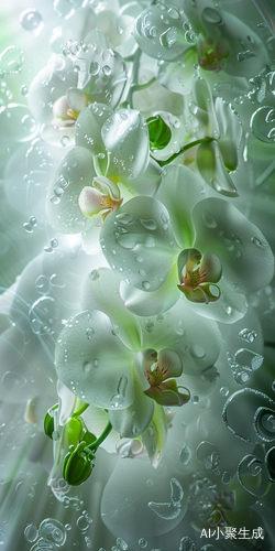 Masterpiece, masterpiece, white green orchids, icy, crystal clear, octane rendering, lighting art, low light photography, light particles, texture, complete details, ultra-high resolution, dreamy, rich colors, bright and elegant, 32k, Chinese style