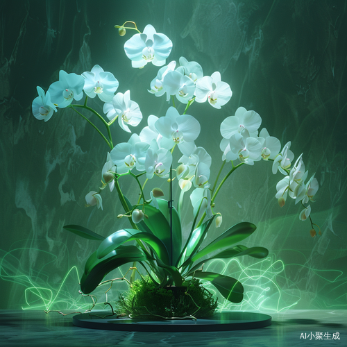 Masterpiece, masterpiece, white green orchids, icy, crystal clear, octane rendering, lighting art, low light photography, light particles, texture, complete details, ultra-high resolution, dreamy, rich colors, bright and elegant, 32k, Chinese style