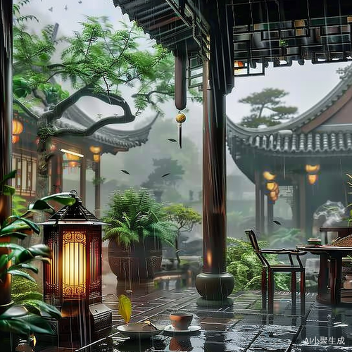 江南阴雨天，悬崖绝壁边的古风中式庭院，庭院里的一盏灯温暖明亮，庭院桌子上有一杯茶