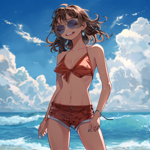 1girl,swimsuit,solo,navel,day,outdoors,bikini,sky,smile,ocean,cloud,open_mouth,closed_eyes,brown_hair,blue_sky,teeth,arms_at_sides,standing,sunglasses,water,beach,realistic,horizon,facing_viewer,watermark,upper_teeth_only,cloudy_sky,bare_arms,collarbone,waves,web_address,thigh_gap,:d,nose,cowboy_shot,artist_name,blue_bikini