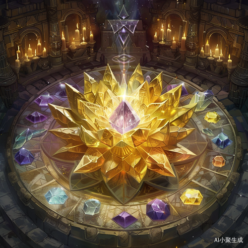 古老的法阵中央一朵金色水晶莲花周围环绕着许多宝石，外圈水晶形成八角形，里面镶嵌着各种颜色的宝石。背景以英雄联盟飞溅艺术风格的蜡烛和魔法符号等神秘元素为特色。魔法光环从中心由内而外散发出来。顶部的圆形图案显示了五个黄道十二宫。中间有一个发光的紫色大水晶球。具有动漫风格的美感。