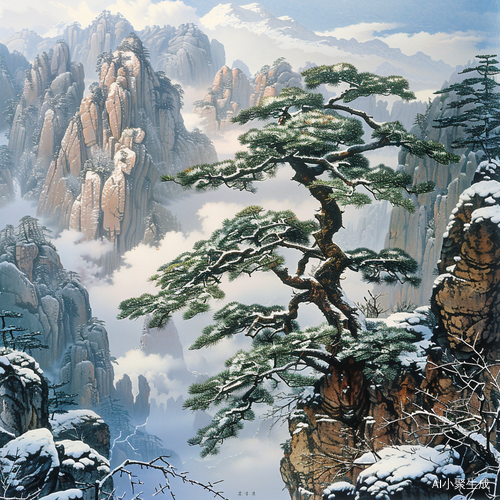 雪后黄山山水画