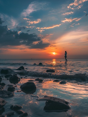 落日,夏天,海边,大海,徕卡镜头,柔和照明,柔光,柔和光线,丁达尔光照