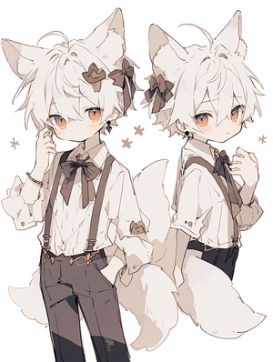 Boy, thin, short hair, dull hair, white hair, different eyes, fox ears, delicate face, direct vision, shirt vest, bow tie, white background, full body.