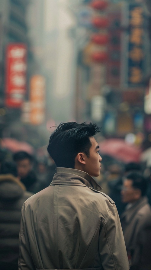 一个中国的年轻男子穿着风衣，走在繁华的大街上，虚化的街景，侧脸