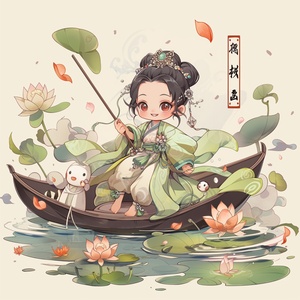 京剧花旦,国风光影,陈家泠,小女孩，精美的绿色汉服，乘着小舟，在莲池里卧剥莲子，古典精致，全身图，chibi，线条艺术,贴纸艺术，浅色背景