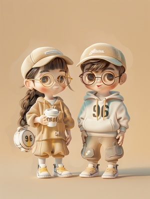 A cute little girl and boy wearing beige caped tshirt, baggy pants, white sneakers,holding coffee in hand,with glasses on face,full body shot, wearing"96"hat,smiling,3d illustration style, simple background,cartoon character,chibi anime artstyle, zbrush,soft light,2D game design,40k resolutionar3:4