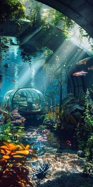 A prize-winning photography depicting a futuristichigh-tech camp built underwater, with an interior thatis translucent, a camper, designed in the style of ZahaHadid, spatial art, detailed vegetation, masterfulcomposition, ultimate light and shadow effects, photo-like texture and details, shot with a wide-angle lens,captured by a professional camera, ultra-high detail,8K high-definition image.