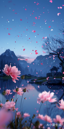 夜色湖边，粉色花瓣飘落