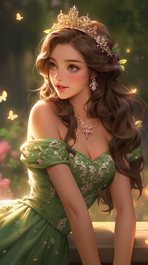 A beautiful princess wearing a green dress sitting in the palace garden, she has long brown hair and wears an elegant crown with flowers on it, her eyes sparkle with joy as if watching something spectacular, the soft lighting illuminates her face creating a dreamy atmosphere, cartoon style, trending on artstation, digital painting, illustration, in the style of Ate animation studio. add "tiktok" to end of video title. add profile name "Slow��Emily". add "spark324578906" written at bo