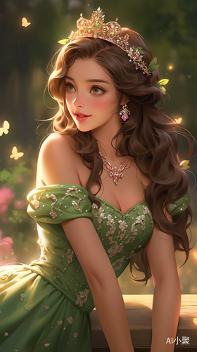 Beautiful Princess in Green Dress with Flower Crown