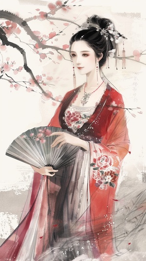 宫廷仕女正面手持扇，线条人像，中国画风格，娟本淡彩，高画质，优雅姿态，柔和表情，背景留白，细节丰富，静谧氛围，传统服饰，细致描绘，古典美，平光，细腻笔触，淡雅色彩，静态美，文化底蕴。