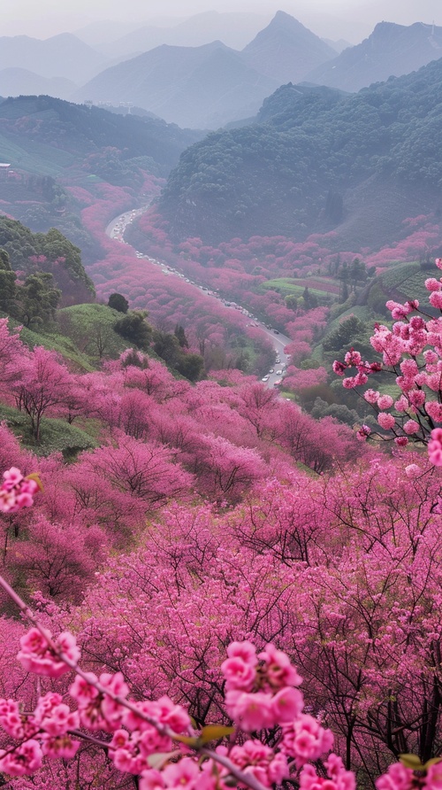 俯瞰武夷山脉的茶山峡谷，桃花漫山遍野，公路上汽车来来往往，通往景区的道路上车辆络绎不绝，花海中樱花烂漫，营造出无尽的画面感，让人赏心悦目。春天，绿色植物在周围静静地生长，仿佛这里刚下了一场大雨，非常逼真，就像用航拍相机拍摄的真实照片。这张照片