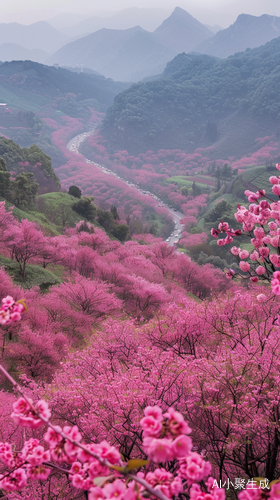 可以总结为：茶山峡谷-桃花花海-车辆来往-绿意春天