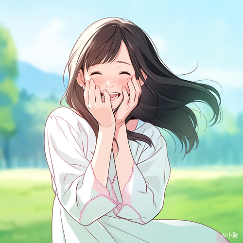 Cute Cartoon Girl in White Dress Smiling in Anime Style