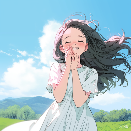 Cute Cartoon Girl in White Dress Smiling in Anime Style