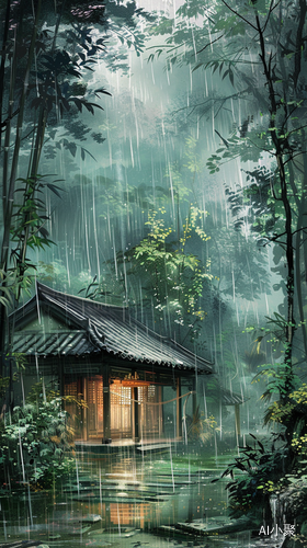 下雨天竹林小屋，茶香四溢，舒适安全惬意