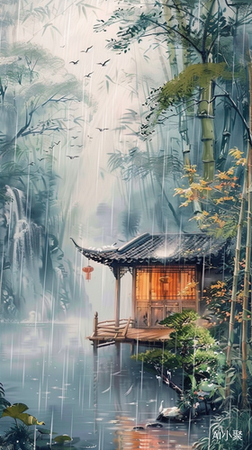 下雨天竹林小屋，茶香四溢，舒适安全惬意