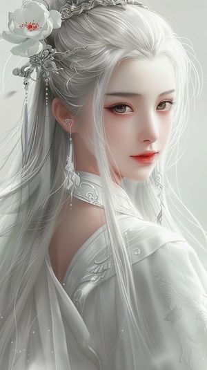 White hair, white , a gentle face with a high nose bridge, long eyelashes and big eyes with a smile. Delicate facial features and Chinese style including a long flowing skirt and earrings. The art style has an anime aesthetic with light and shadow effects and exquisite details in high definition resolution, in plain view.