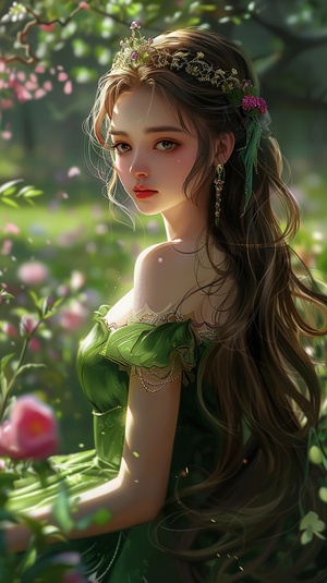 A beautiful princess wearing a green dress sitting in the palace garden, she has long brown hair and wears an elegant crown with flowers on it, her eyes sparkle with joy as if watching something spectacular, the soft lighting illuminates her face creating a dreamy atmosphere