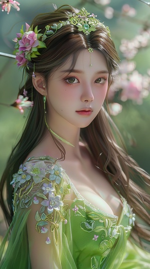 Enchanting Princess in Green Dress in Palace Garden